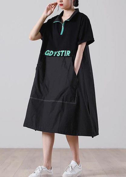 Handmade Black Graphic Zippered Holiday Summer Cotton Dress