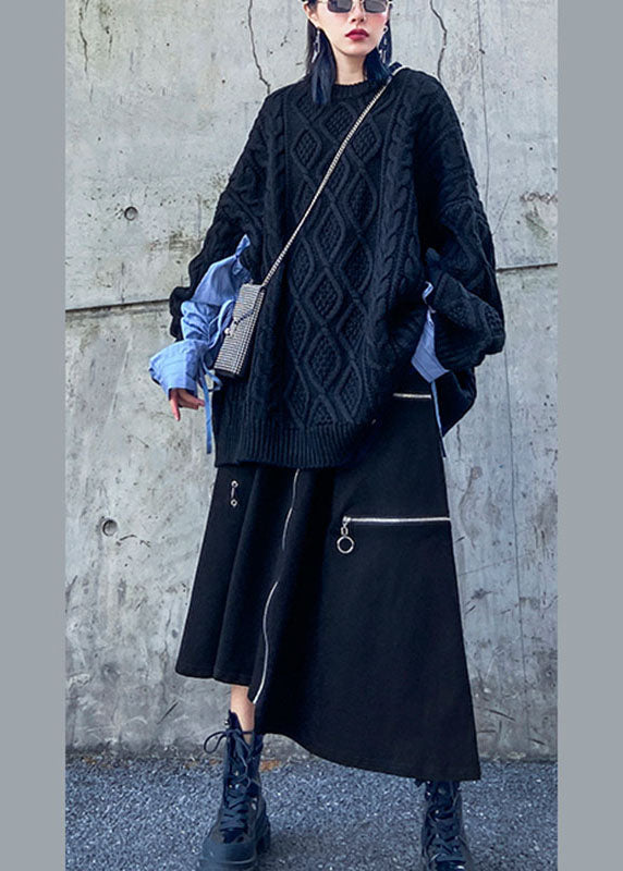 Handmade Black High Waist Pockets Zippered Asymmetrical Design Fall Skirts