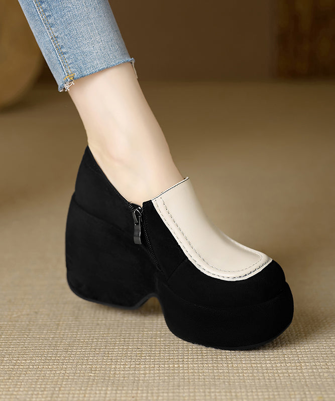 Handmade Black High Wedge Heels Cowhide Leather Splicing
