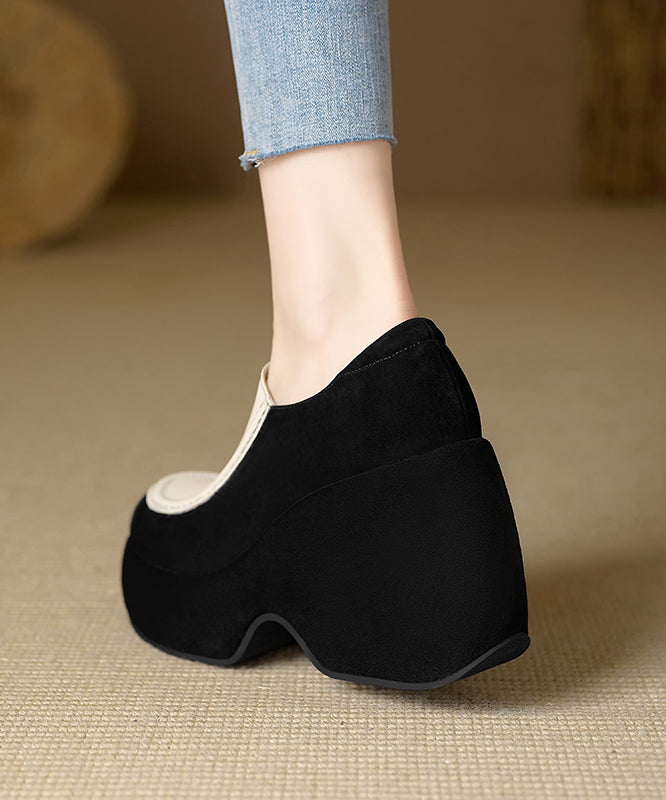 Handmade Black High Wedge Heels Cowhide Leather Splicing