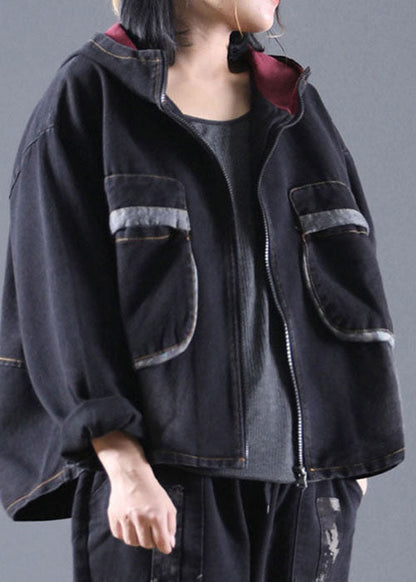 Handmade Black Hooded Denim Coats Spring