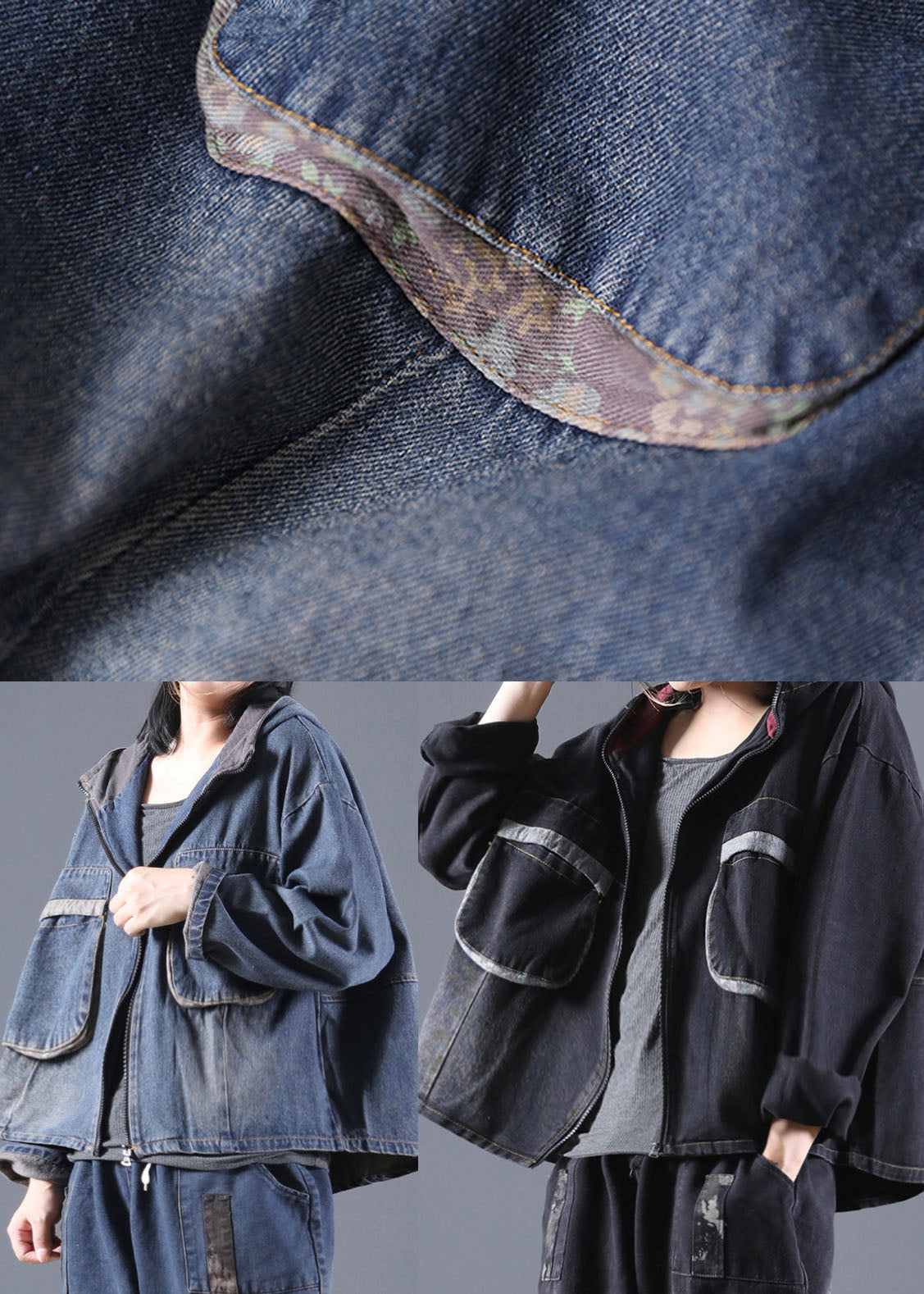 Handmade Black Hooded Denim Coats Spring
