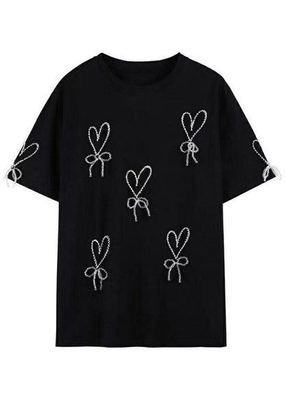 Handmade Black Nail Bead Bow T Shirts Summer