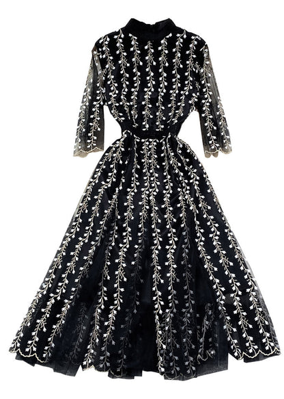 Handmade Black O-neck Embroideried Tulle Patchwork Tunic Long Dress Half Sleeve