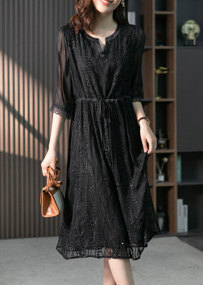 Handmade Black O-neck Lace Patchwork Tie Waist Silk Maxi Dress Summer