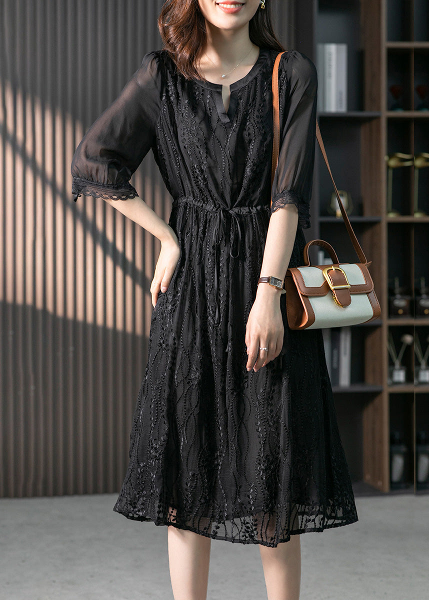 Handmade Black O-neck Lace Patchwork Tie Waist Silk Maxi Dress Summer