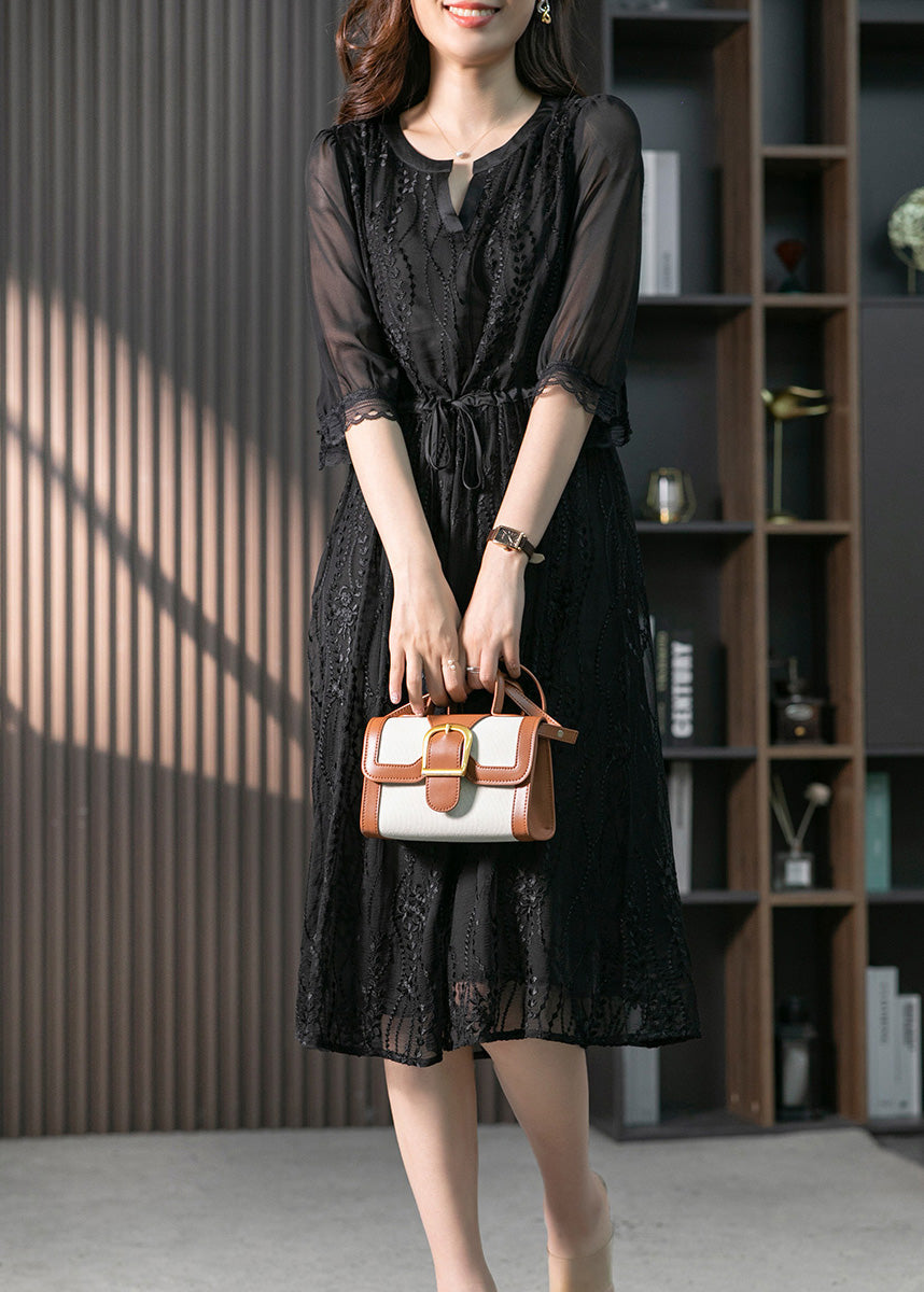 Handmade Black O-neck Lace Patchwork Tie Waist Silk Maxi Dress Summer
