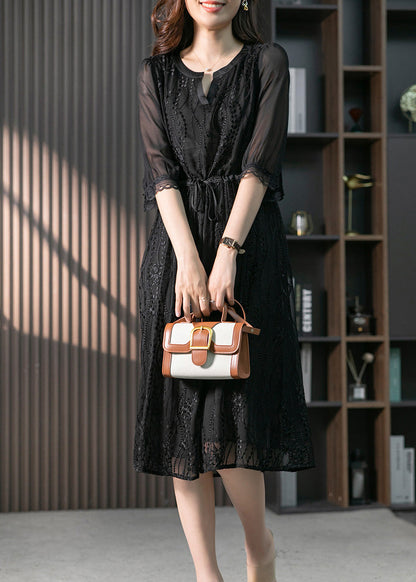 Handmade Black O-neck Lace Patchwork Tie Waist Silk Maxi Dress Summer