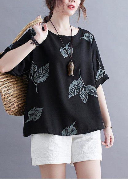 Handmade Black O-neck Loose Summer Cotton Linen Top