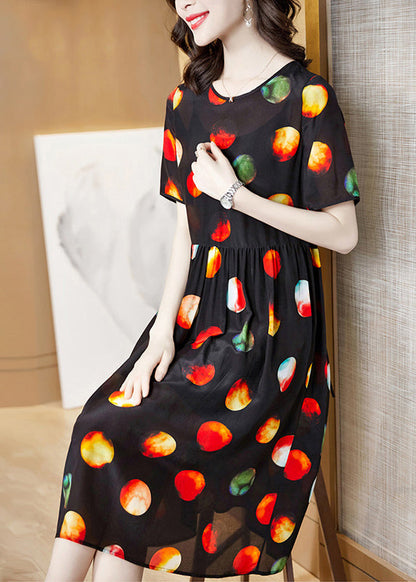 Handmade Black O-neck Multi Dot Print Silk Pleated Dress Short Sleeve