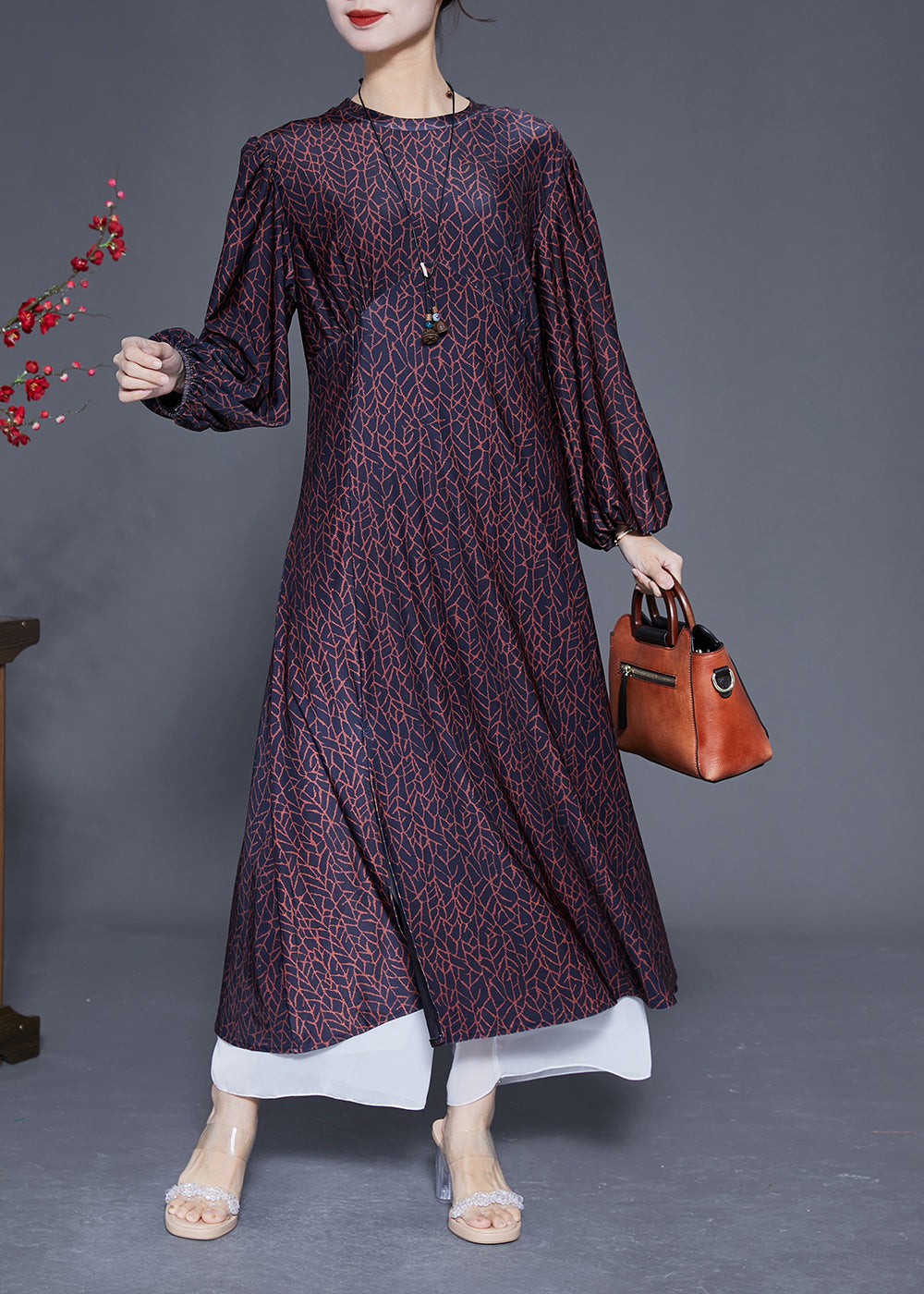 Handmade Black O-neck Patchwork Print Wrinkled Silk Dress Lantern Sleeve