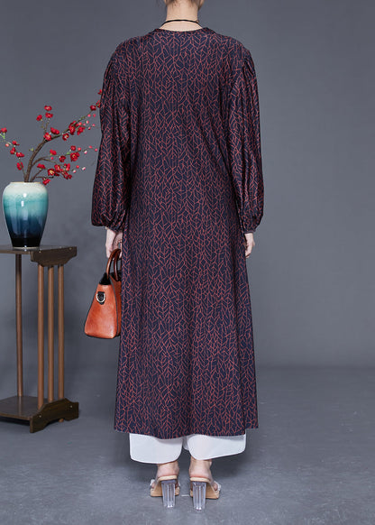 Handmade Black O-neck Patchwork Print Wrinkled Silk Dress Lantern Sleeve