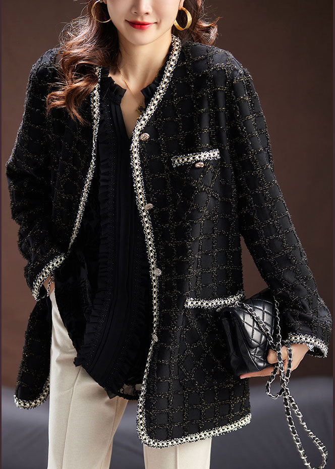Handmade Black O-neck Pockets Plaid Patchwork Knit Coats Long Sleeve