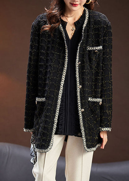 Handmade Black O-neck Pockets Plaid Patchwork Knit Coats Long Sleeve