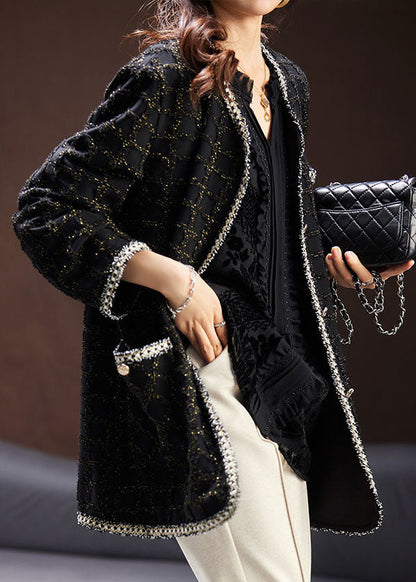Handmade Black O-neck Pockets Plaid Patchwork Knit Coats Long Sleeve