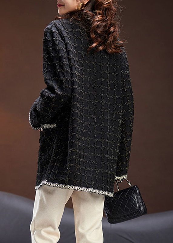 Handmade Black O-neck Pockets Plaid Patchwork Knit Coats Long Sleeve