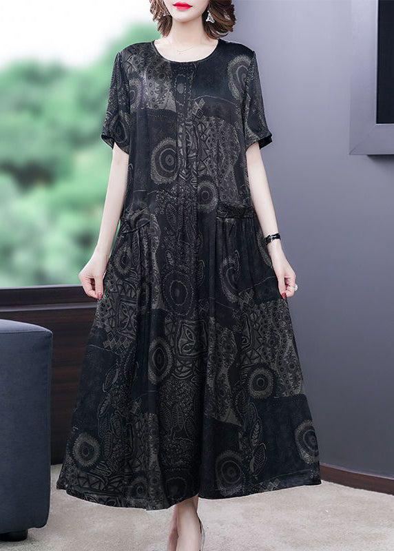 Handmade Black O-neck Print Silk Long Dress Summer