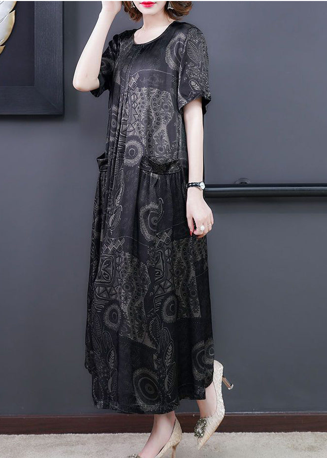 Handmade Black O-neck Print Silk Long Dress Summer