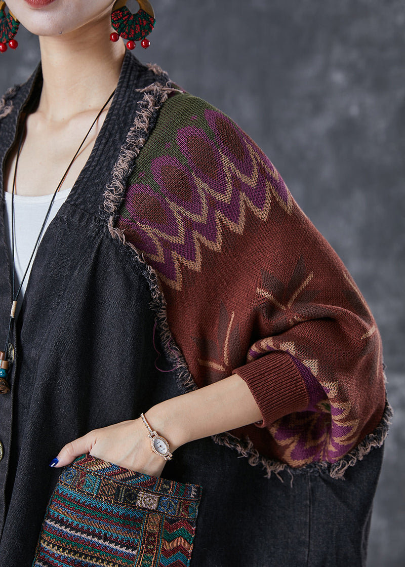 Handmade Black Oversized Patchwork Knit Denim Jackets Fall