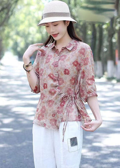 Handmade Black Peter Pan Collar Print Patchwork Linen Shirts Summer