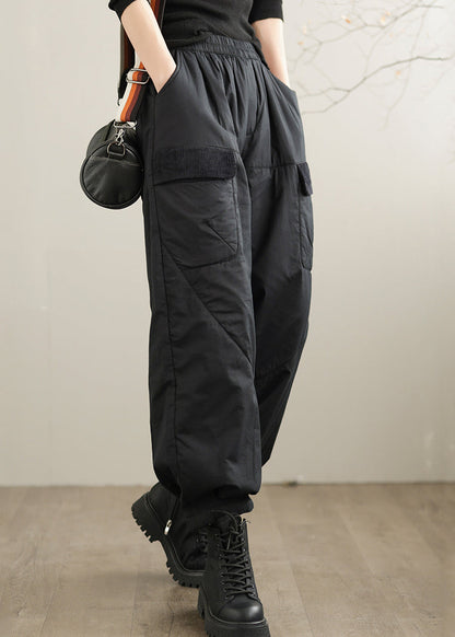 Handmade Black Pockets Elastic Waist Fine Cotton Filled Pants Winter