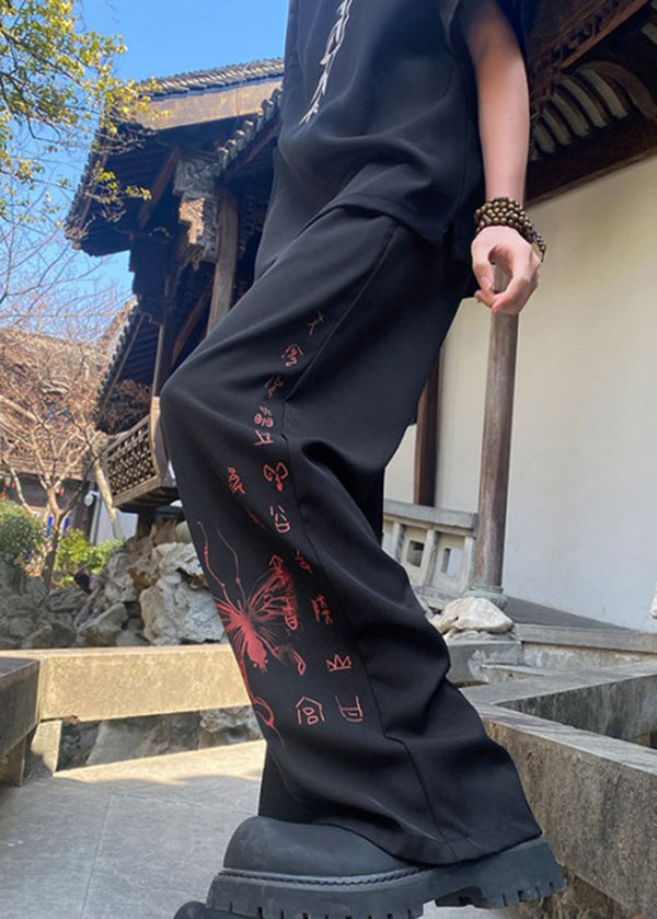 Handmade Black Pockets Print Ice Silk Pants Summer