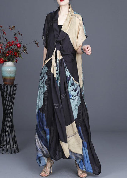 Handmade Black Print Asymmetrical Design Silk Two Pieces Set Summer Dress