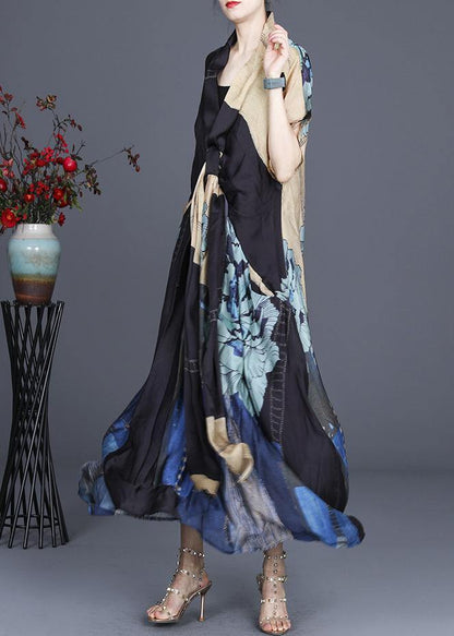 Handmade Black Print Asymmetrical Design Silk Two Pieces Set Summer Dress