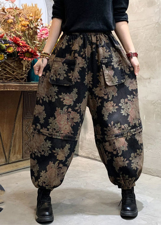 Handmade Black Print Denim Lantern Pants Winter