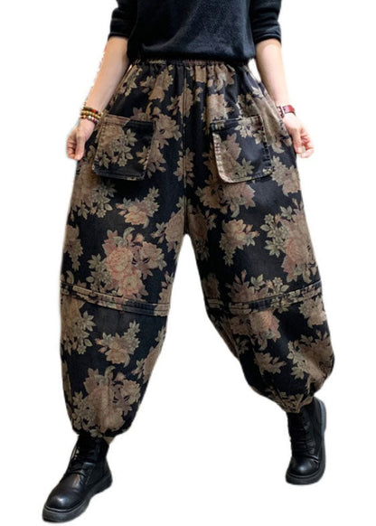 Handmade Black Print Denim Lantern Pants Winter