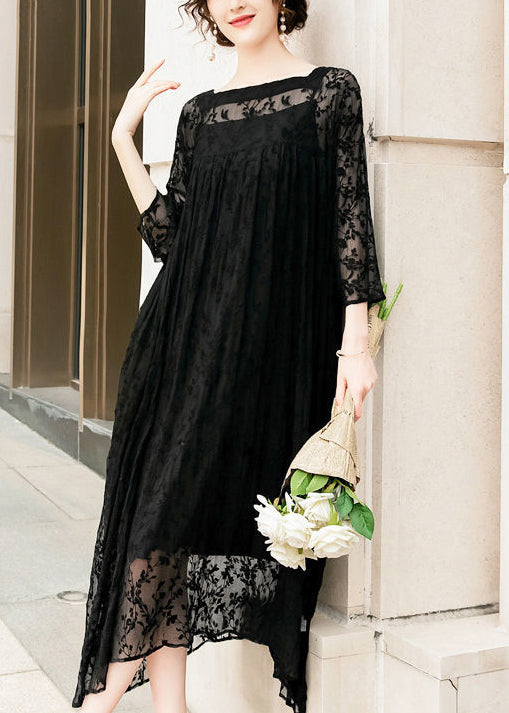 Handmade Black Square Collar Embroideried Silk a Line Dresses Summer