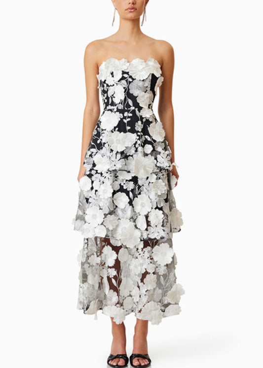 Handmade Black Strapless Embroidered Long Dress Sleeveless