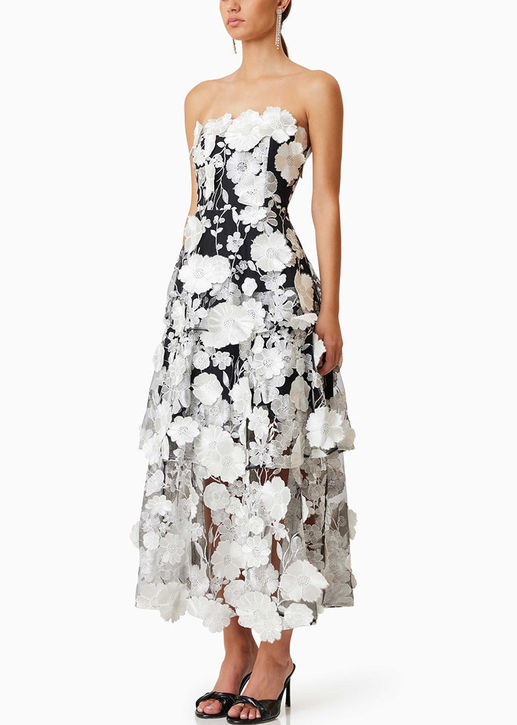 Handmade Black Strapless Embroidered Long Dress Sleeveless