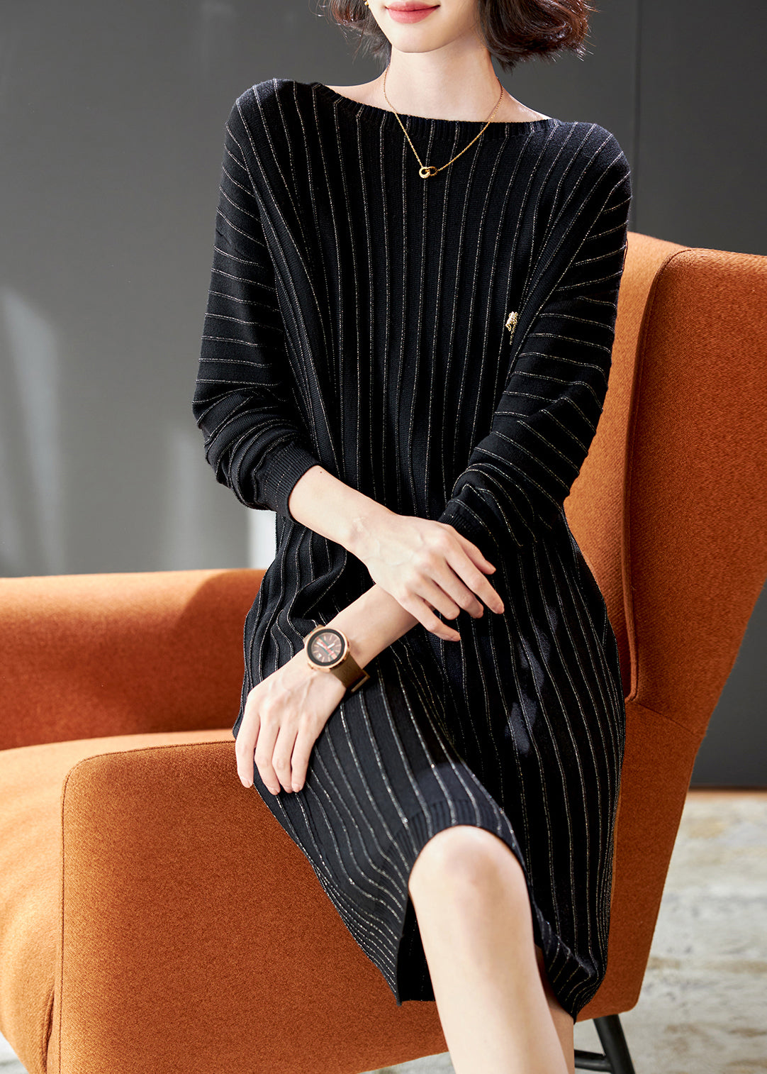 Handmade Black Striped Knit Pullover Dress Spring