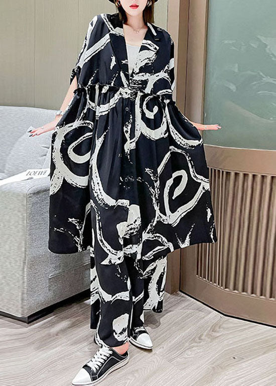 Handmade Black V Neck Cinched Print Silk Tops Wide Leg Pants Two Piece Set Outfits Spring