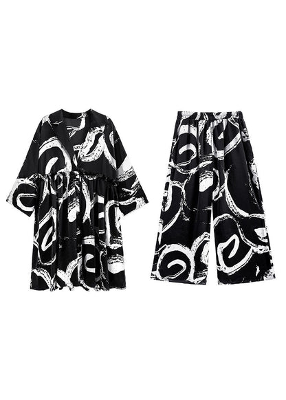 Handmade Black V Neck Cinched Print Silk Tops Wide Leg Pants Two Piece Set Outfits Spring