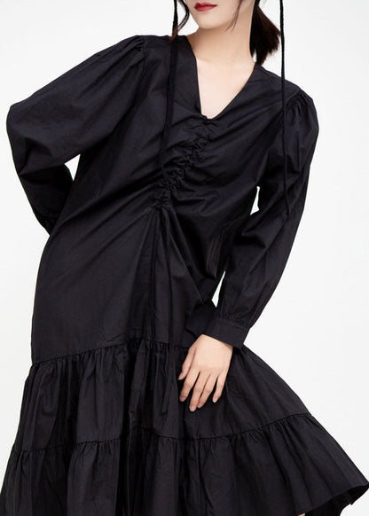 Handmade Black V Neck Patchwork Ruffles Drawstring Fall Maxi Dresses Long Sleeve