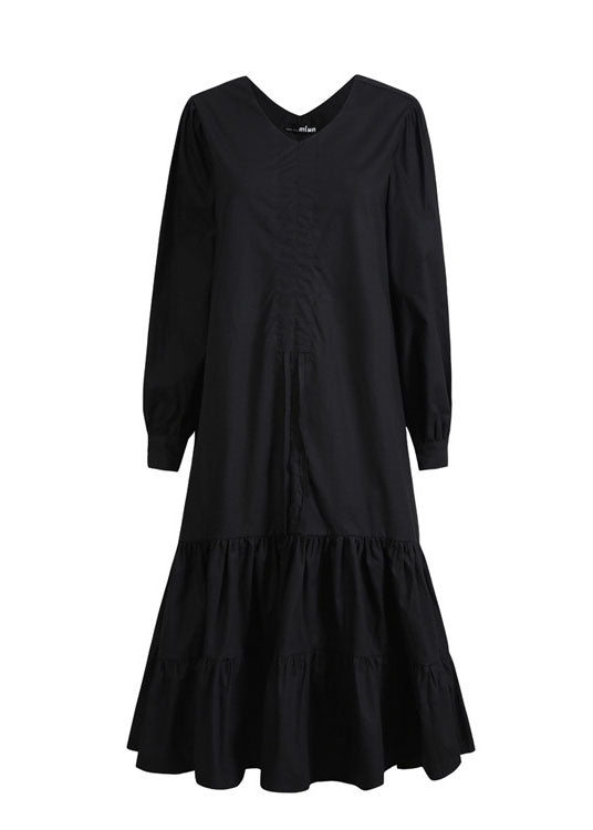 Handmade Black V Neck Patchwork Ruffles Drawstring Fall Maxi Dresses Long Sleeve