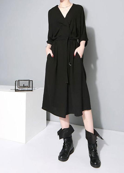 Handmade Black V Neck Tie Waist Summer Dress
