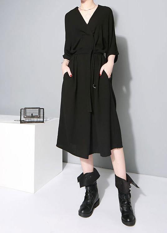 Handmade Black V Neck Tie Waist Summer Dress