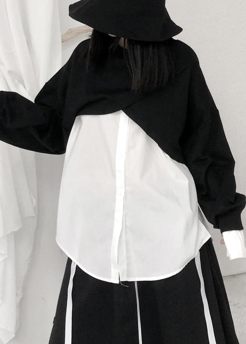 Handmade Black White Patchwork O-neck Button Cotton Top Long Sleeve