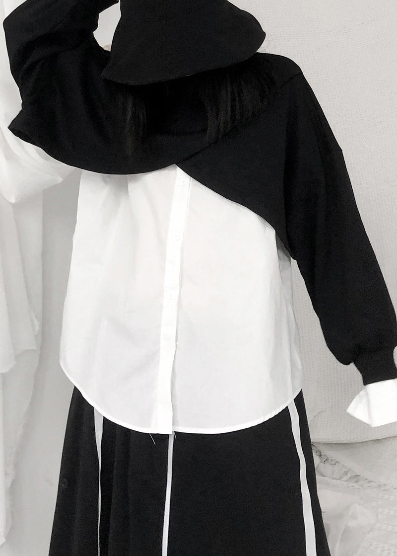 Handmade Black White Patchwork O-neck Button Cotton Top Long Sleeve