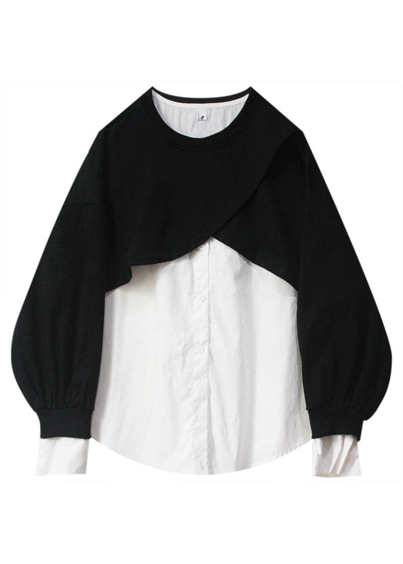 Handmade Black White Patchwork O-neck Button Cotton Top Long Sleeve