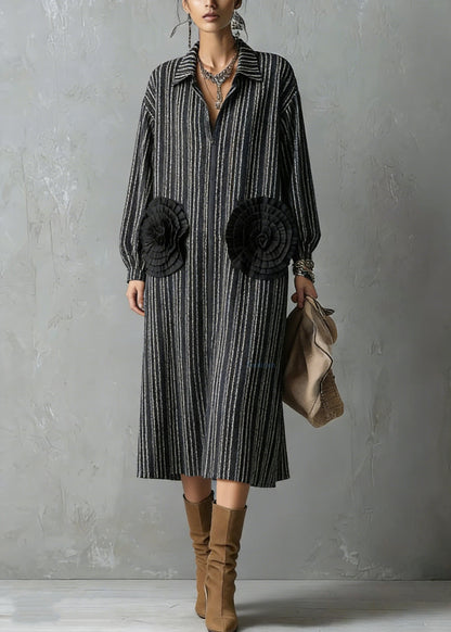Handmade Black Zip Up Striped Cotton Dresses Spring