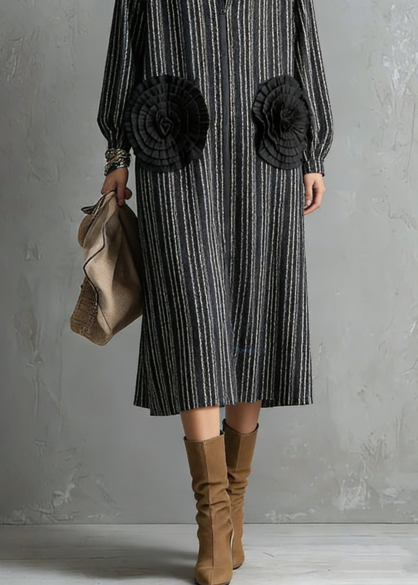 Handmade Black Zip Up Striped Cotton Dresses Spring
