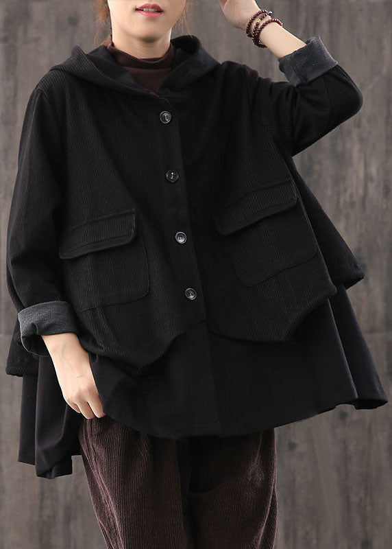 Handmade Black Drawstring Patchwork Striped Coat Fall