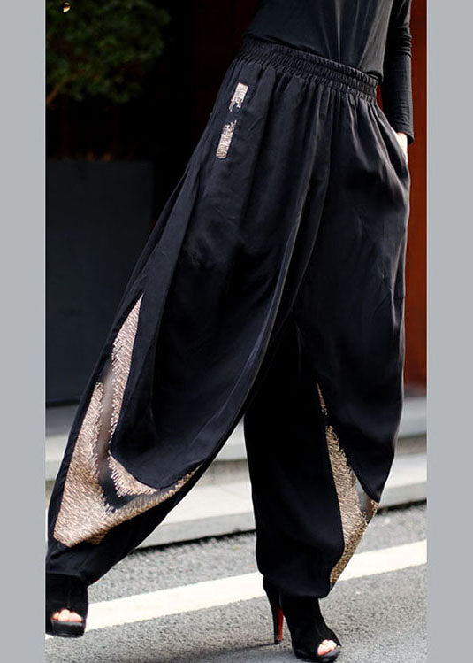 Handmade Black Elastic Waist Patchwork Pants Spring