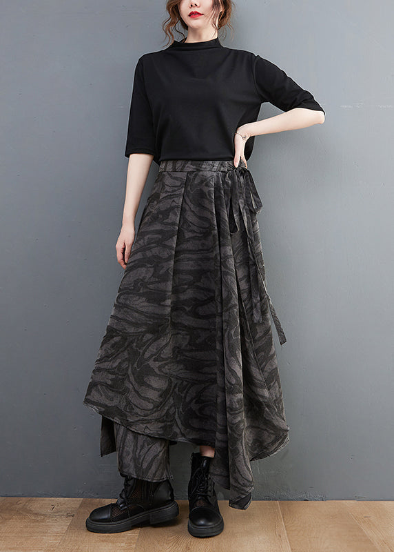 Handmade Black Elastic Waist Tie Waist Asymmetrical Print Skirt Spring