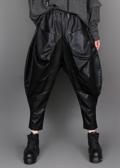 Handmade Black Patchwork Faux Leather Pants Winter