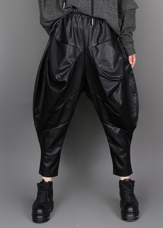 Handmade Black Patchwork Faux Leather Pants Winter